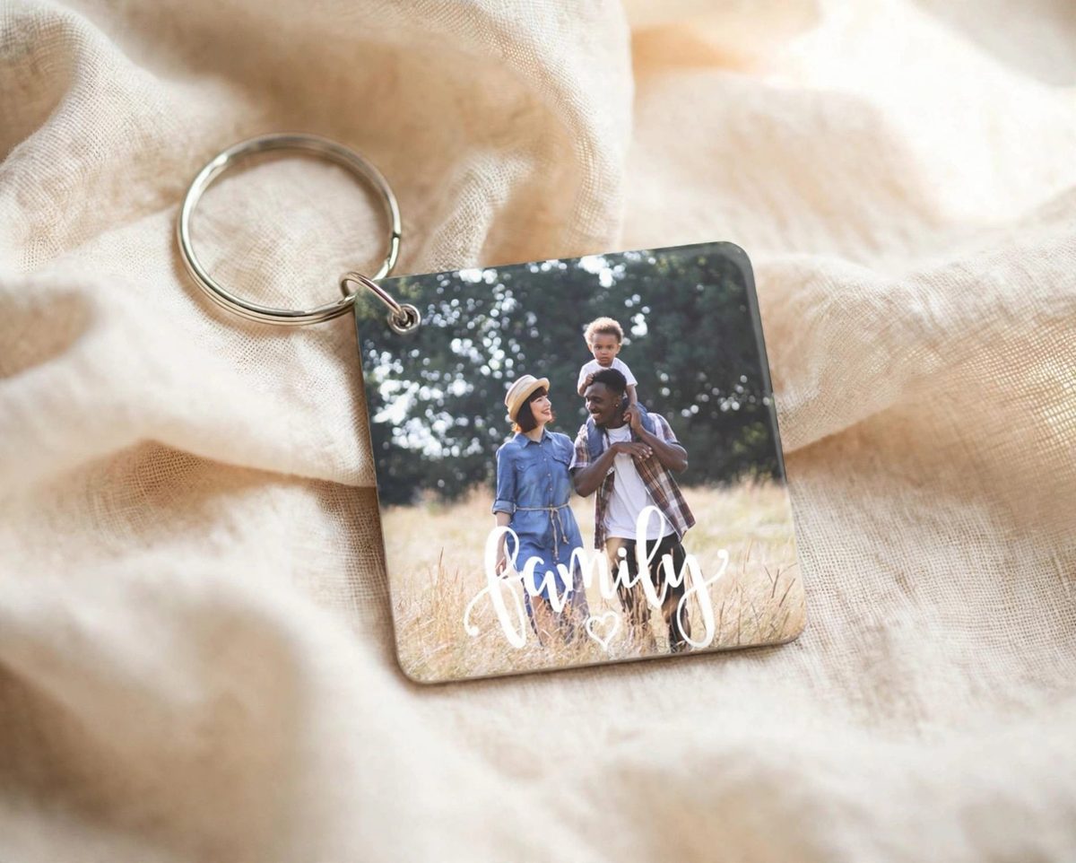 Custom Photo Keychain — glossy keychain printed with a family photo