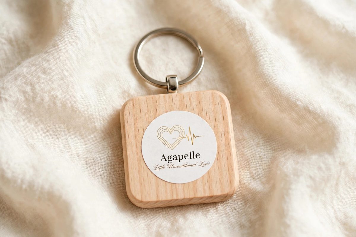 Wooden Keychain — natural wood keychain with the Agapelle seal